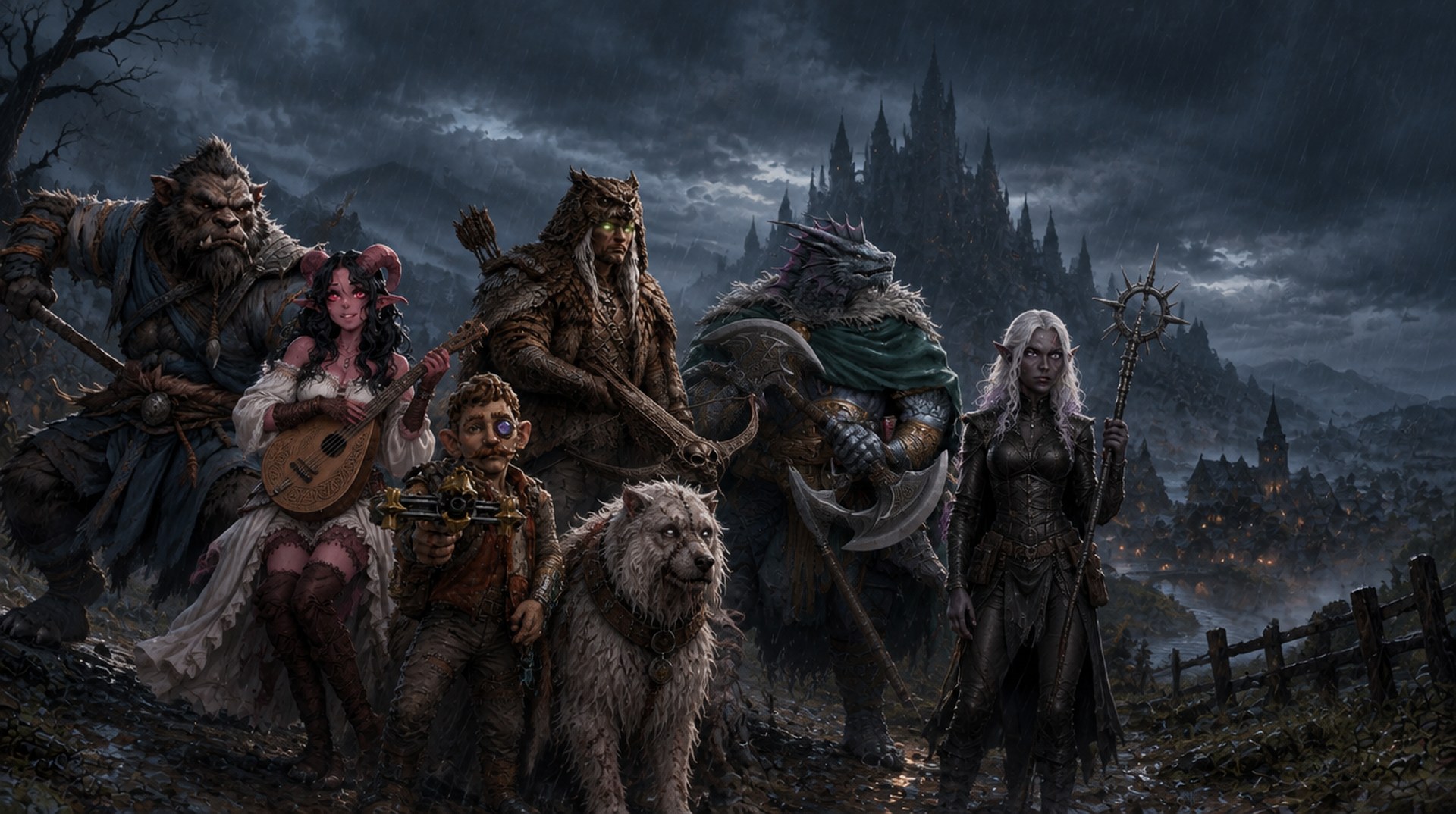 Genji, Lucy, Remi with Mayla, Beowolfe, Nash and Hay-zel on a muddy road in the rain, with the castle looming over the village behind them